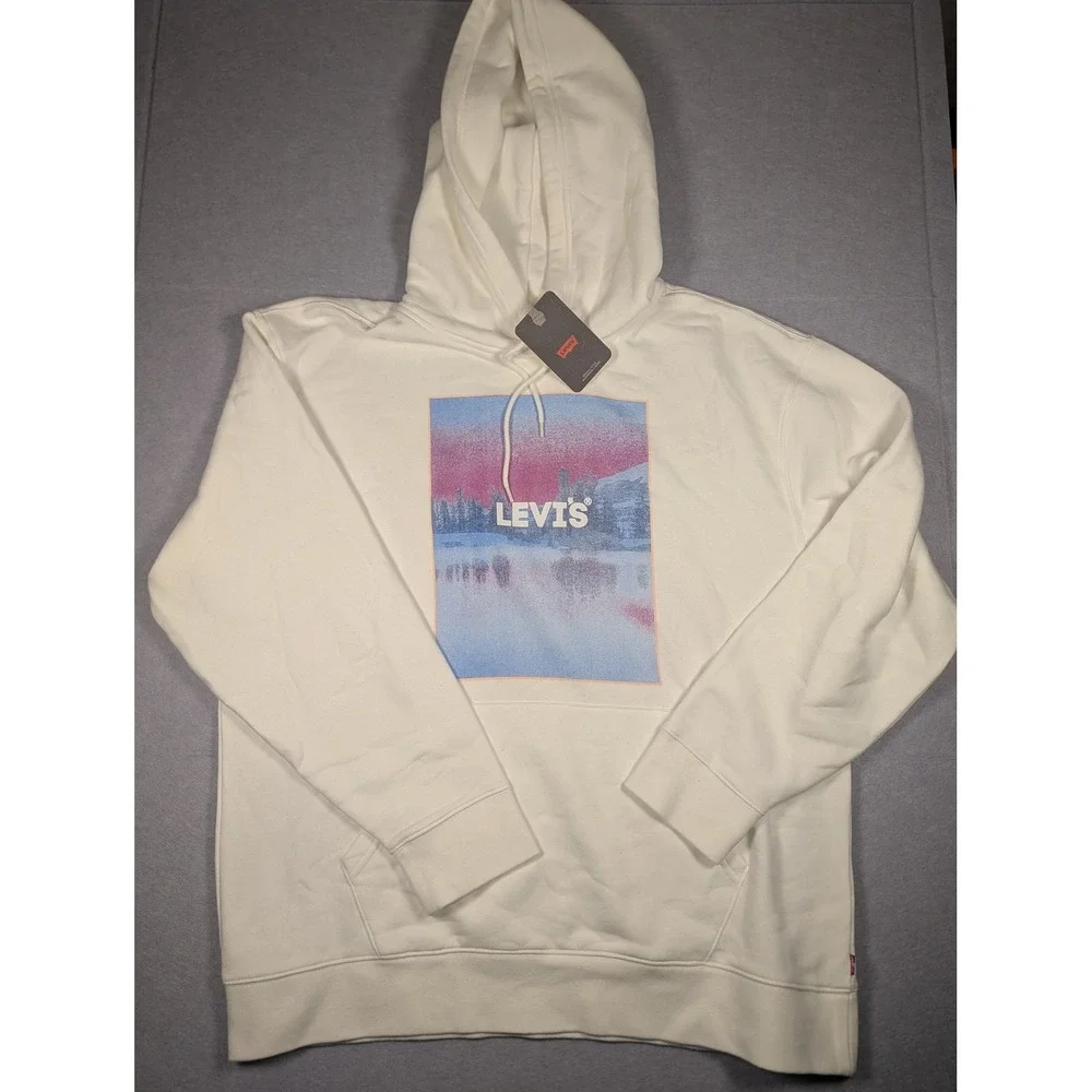 Levi's Graphic Hoodie Men Large White Relaxed Fit Landscape NWT